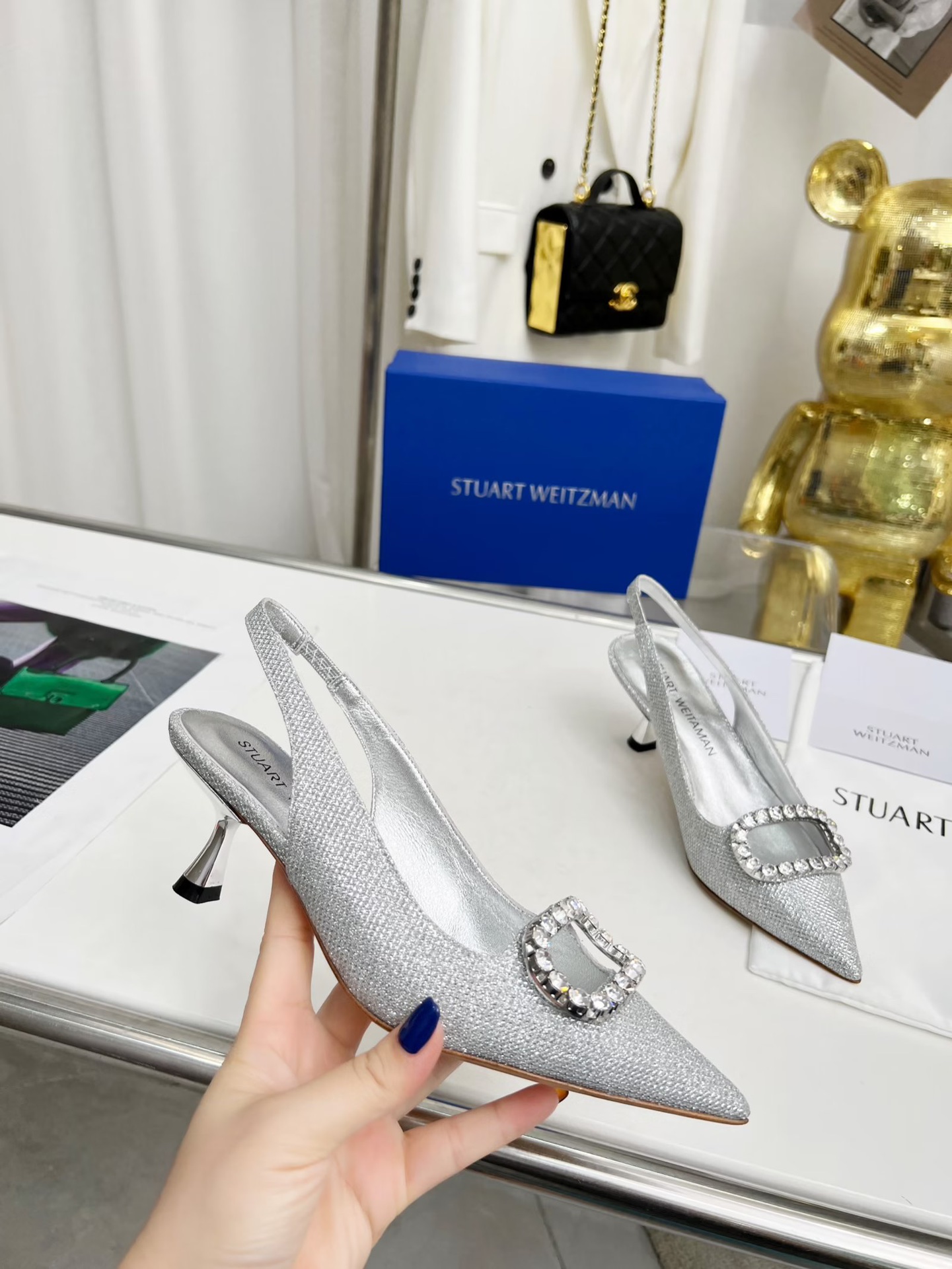 Stuart Weitzman Pointy Water Drill Pumps – $550, Black/Silver, Size 35-41, 5.5cm Heel - 图片 3