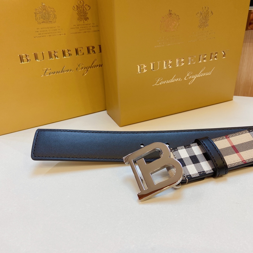 [正]巴宝莉精品不锈钢五金搭配品牌格仔面料内衬头层牛皮手感柔软宽3.5CM