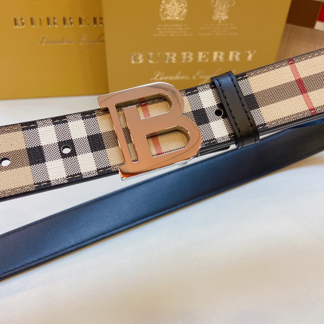 [正]巴宝莉精品不锈钢五金搭配品牌格仔面料内衬头层牛皮手感柔软宽3.5CM