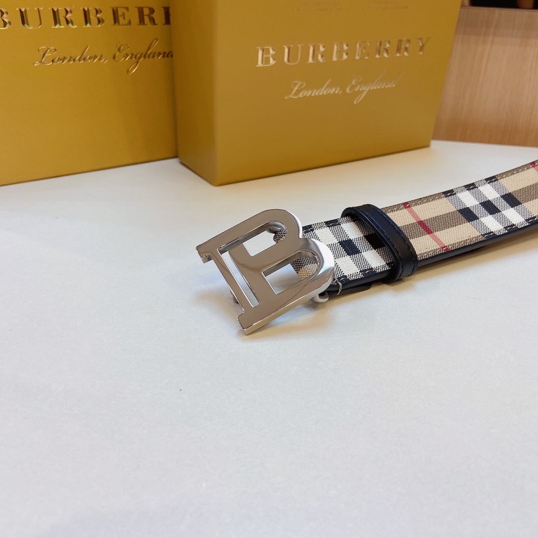 [正]巴宝莉精品不锈钢五金搭配品牌格仔面料内衬头层牛皮手感柔软宽3.5CM