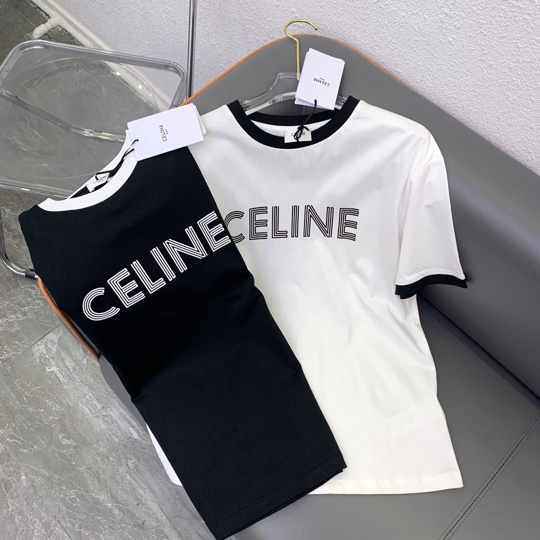 C*NE/赛琳-春夏新款短袖Tee，前幅字母印花，撞色螺纹设计！黑色，白色S M L
