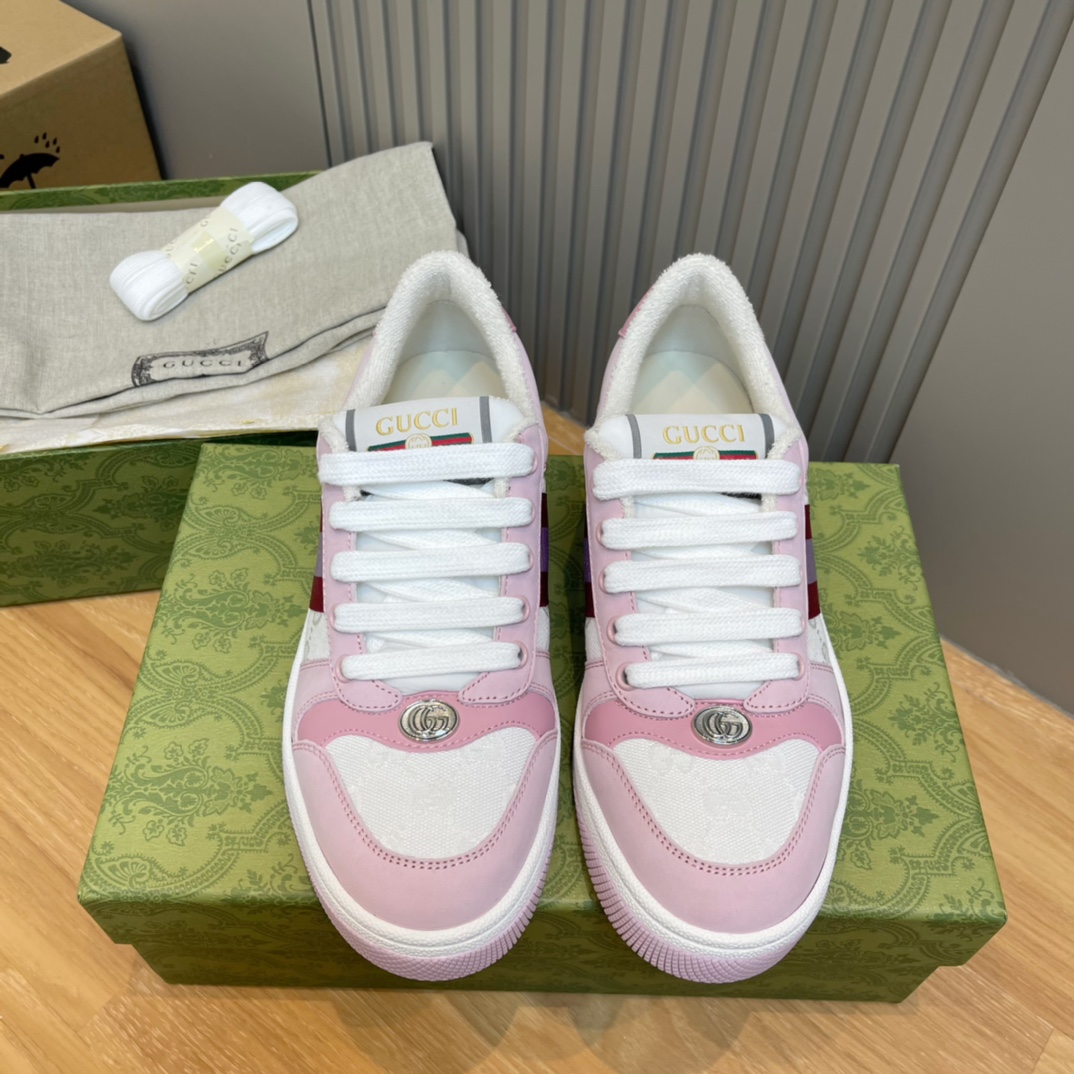 GUCCI Low-Top Sneakers Calf Leather Terry Cloth Pink Lace-Up