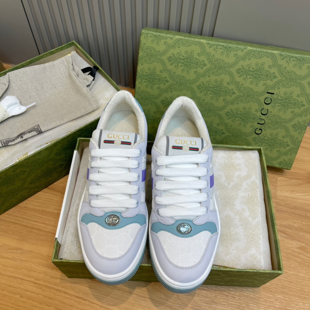GUCCI Sneakers Leather Terry Cloth Low-Top Lace-Up White Blue Purple