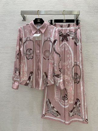 Hermes Clothing Pants & Trousers Shirts & Blouses Two Piece Outfits & Matching Sets Pink Printing Spring/Summer Collection Long Sleeve
