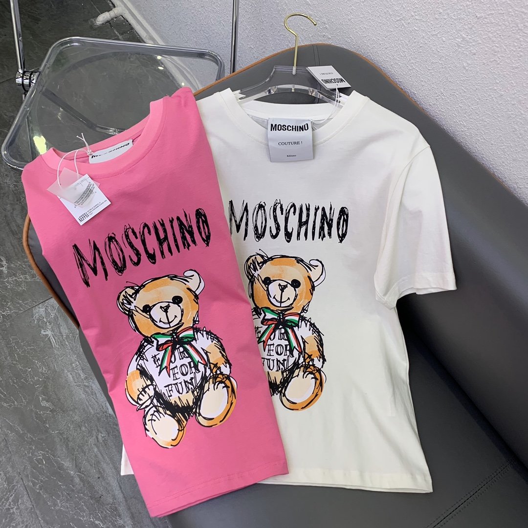 Moschino2024早春新款涂鸦手绘字母公仔小熊T恤！白色 粉色SmL