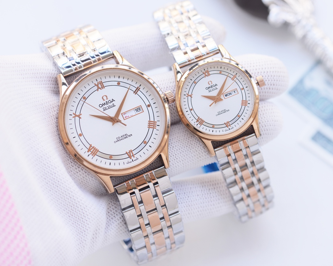 Omega-OMEGA Couple’s Wristwatch: White Shell, Gold Shell, Steel Belt - 图片 3
