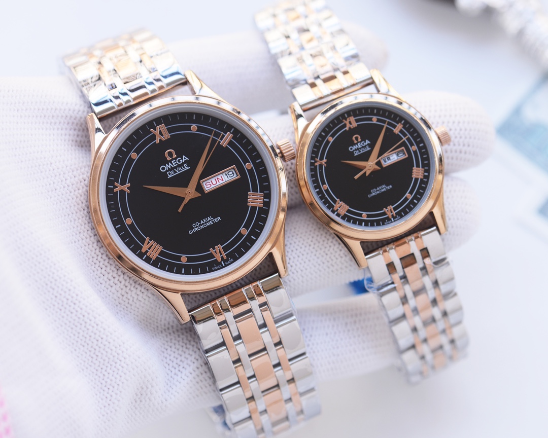 Omega-OMEGA Couple’s Wristwatch: White Shell, Gold Shell, Steel Belt
