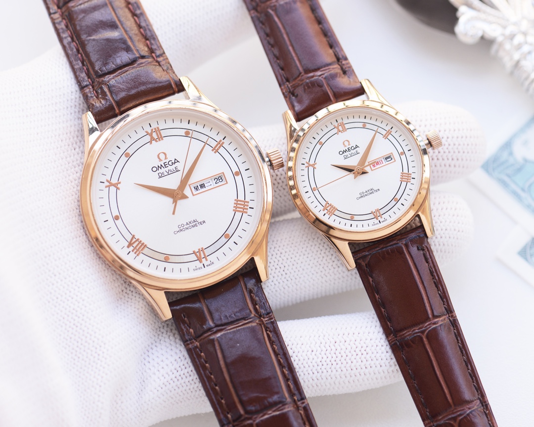 Omega-OMEGA Couple’s Wristwatch: White Shell, Gold Shell, Steel Belt - 图片 7