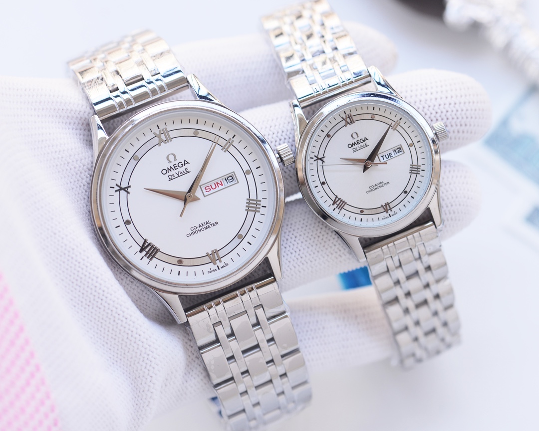 Omega-OMEGA Couple’s Wristwatch: White Shell, Gold Shell, Steel Belt - 图片 2