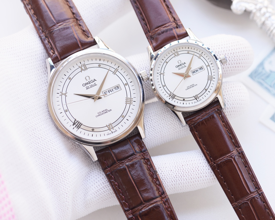 Omega-OMEGA Couple’s Wristwatch: White Shell, Gold Shell, Steel Belt - 图片 6