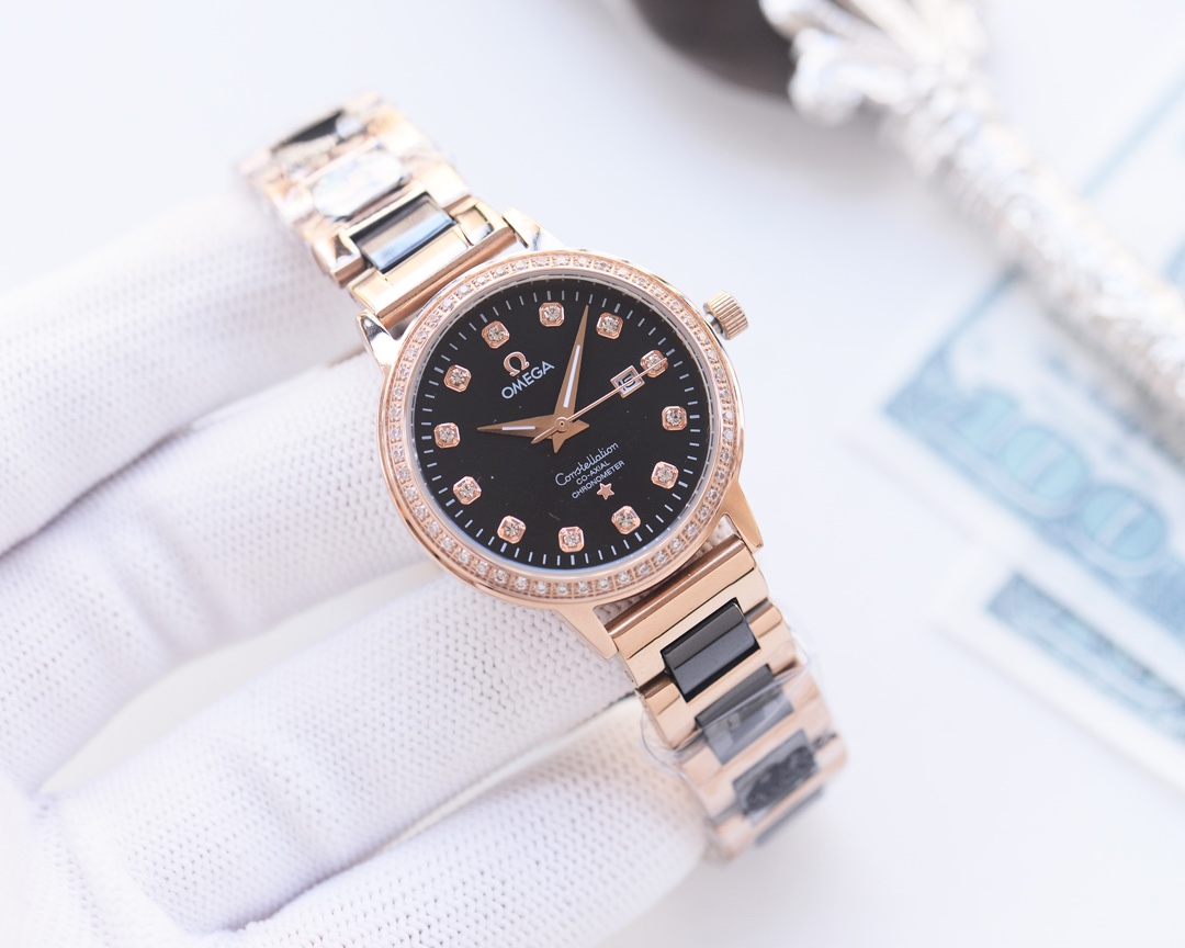 Omega-OMEGA Couple’s Wristwatch: White & Gold Shell, Steel & Ceramic Belt - 图片 2