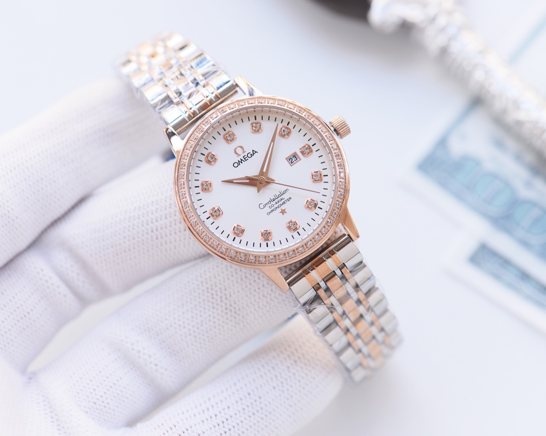 Omega-OMEGA Couple’s Wristwatch: White & Gold Shell, Steel & Ceramic Belt - 图片 6
