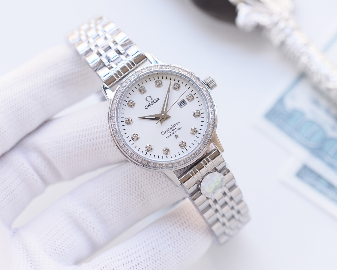 Omega-OMEGA Couple’s Wristwatch: White & Gold Shell, Steel & Ceramic Belt - 图片 5