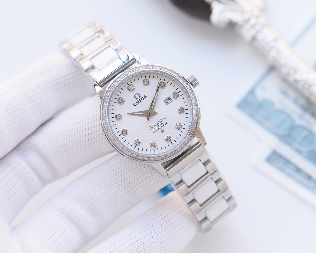 Omega-OMEGA Couple’s Wristwatch: White & Gold Shell, Steel & Ceramic Belt - 图片 4