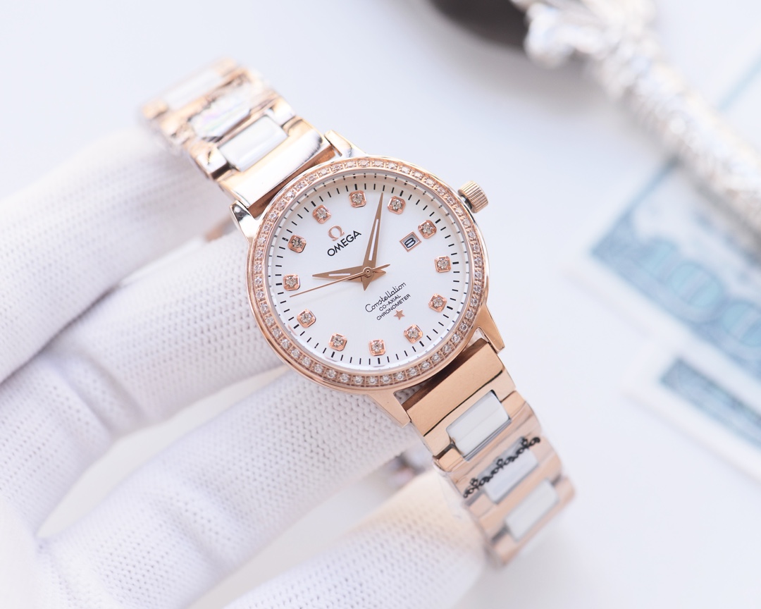 Omega-OMEGA Couple’s Wristwatch: White & Gold Shell, Steel & Ceramic Belt - 图片 7
