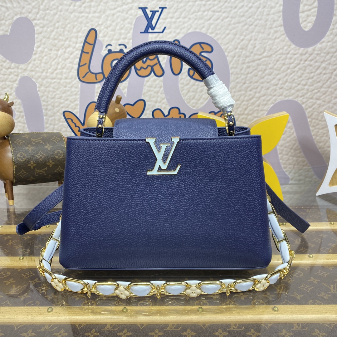 Louis Vuitton LV Capucines Sacos Bolsas Azul Escuro Cinzento Claro Rosa Branco Conjunto com Diamantes Taurillon Couro de vaca Tecer Correntes M23199
