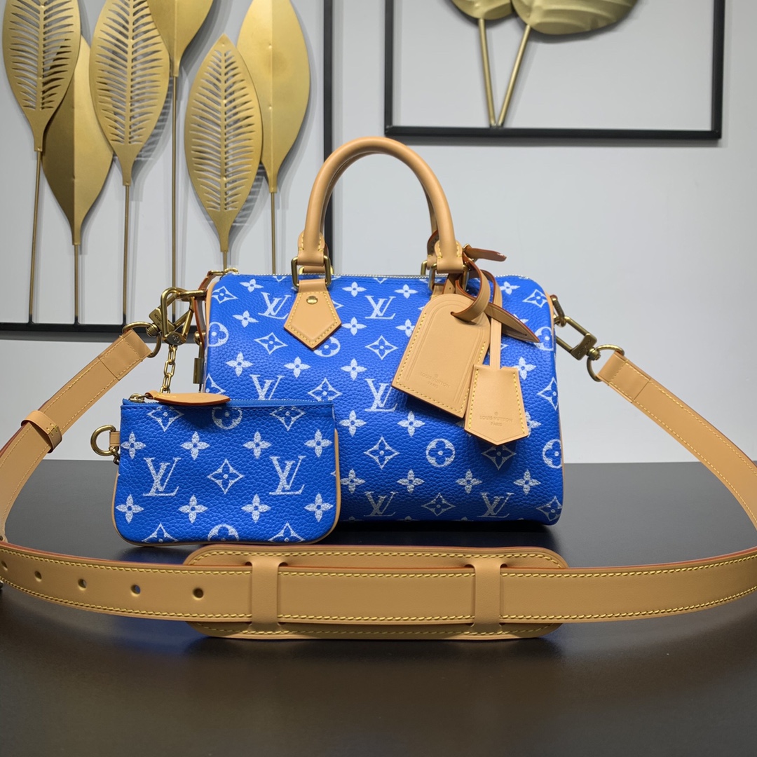 Louis Vuitton LV Speedy Tassen handtassen Blauw Polijsten Canvas Koeienhuid Schapenvacht M24424