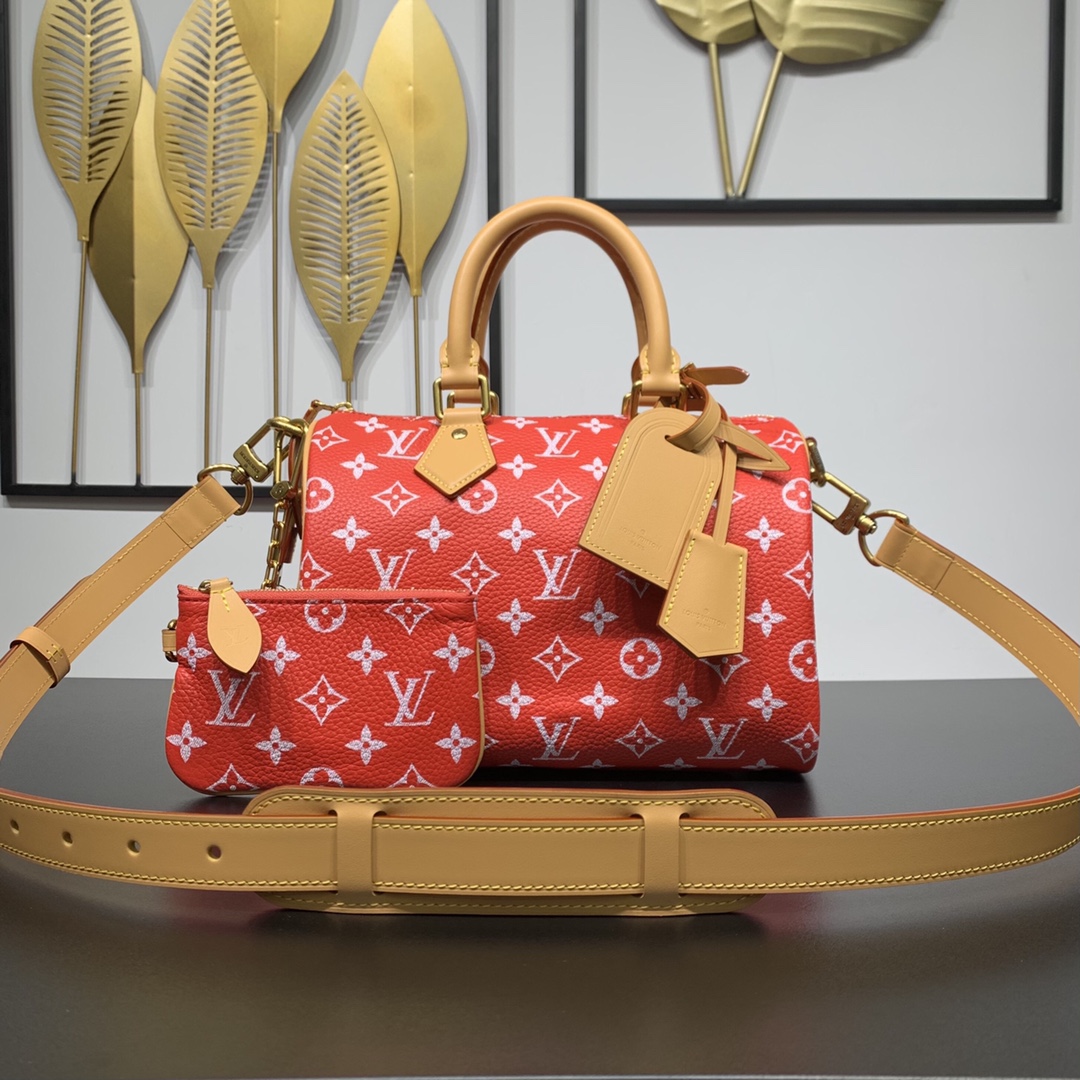 Koop goedkope replica
 Louis Vuitton LV Speedy Tassen handtassen Rood Polijsten Canvas Koeienhuid Schapenvacht M24425