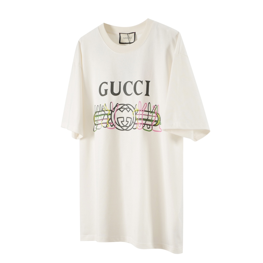 「G04」 Gucci/古驰 Edición limitada del Año del Conejo, camiseta de doble anillo con conejito de colores. El icónico logo d…