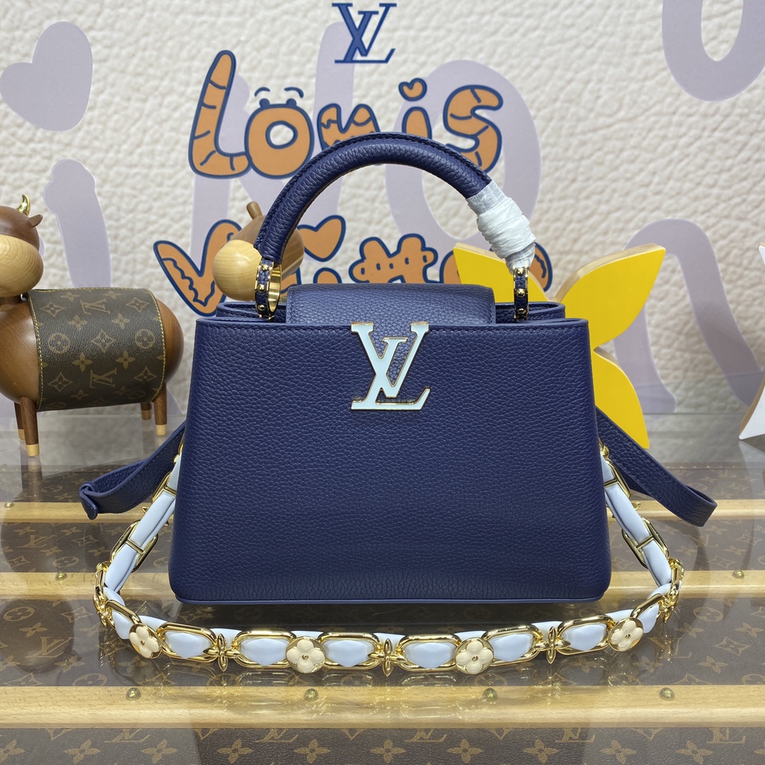 Louis Vuitton LV Capucines Principal
 Sacos Bolsas Azul Escuro Cinzento Claro Rosa Branco Conjunto com Diamantes Taurillon Couro de vaca Tecer Correntes M23199