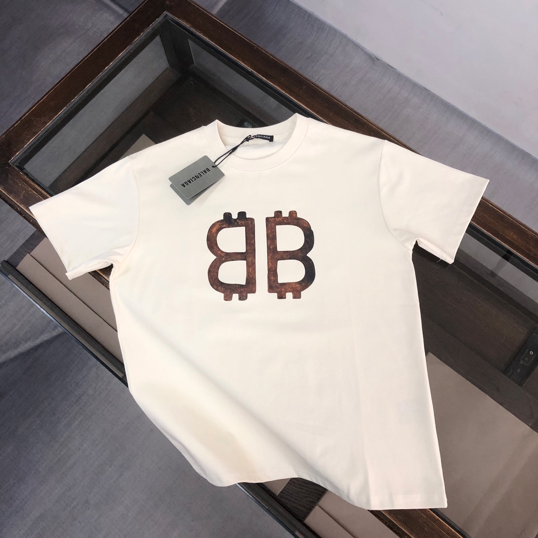 Balenciaga Clothing T-Shirt Buy Luxury 2023
 Apricot Color Black Printing Fashion Short Sleeve