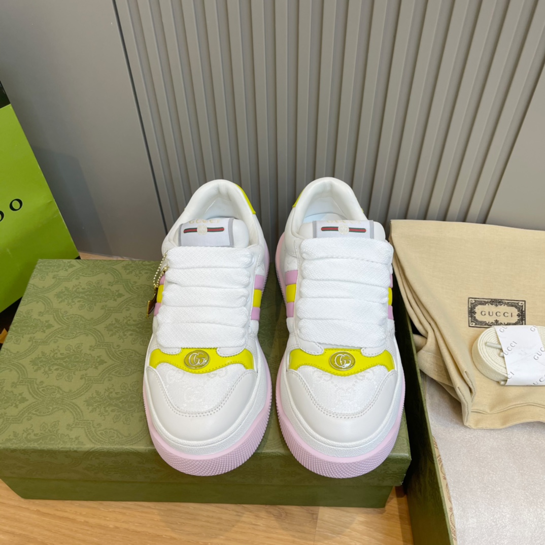 GUCCI Sneakers Leather Pink Yellow Platform