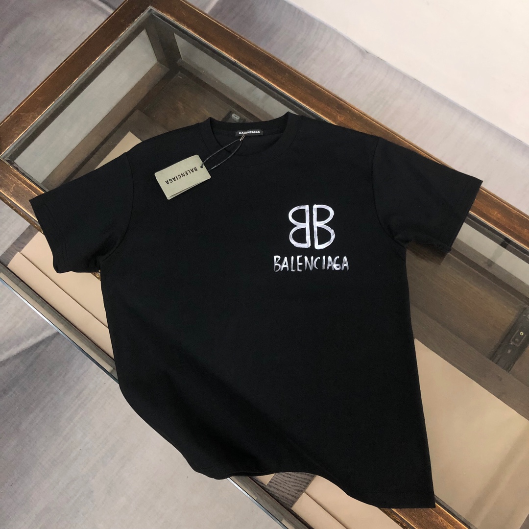 Balenciaga Clothing T-Shirt Apricot Color Black Printing Fashion Short Sleeve