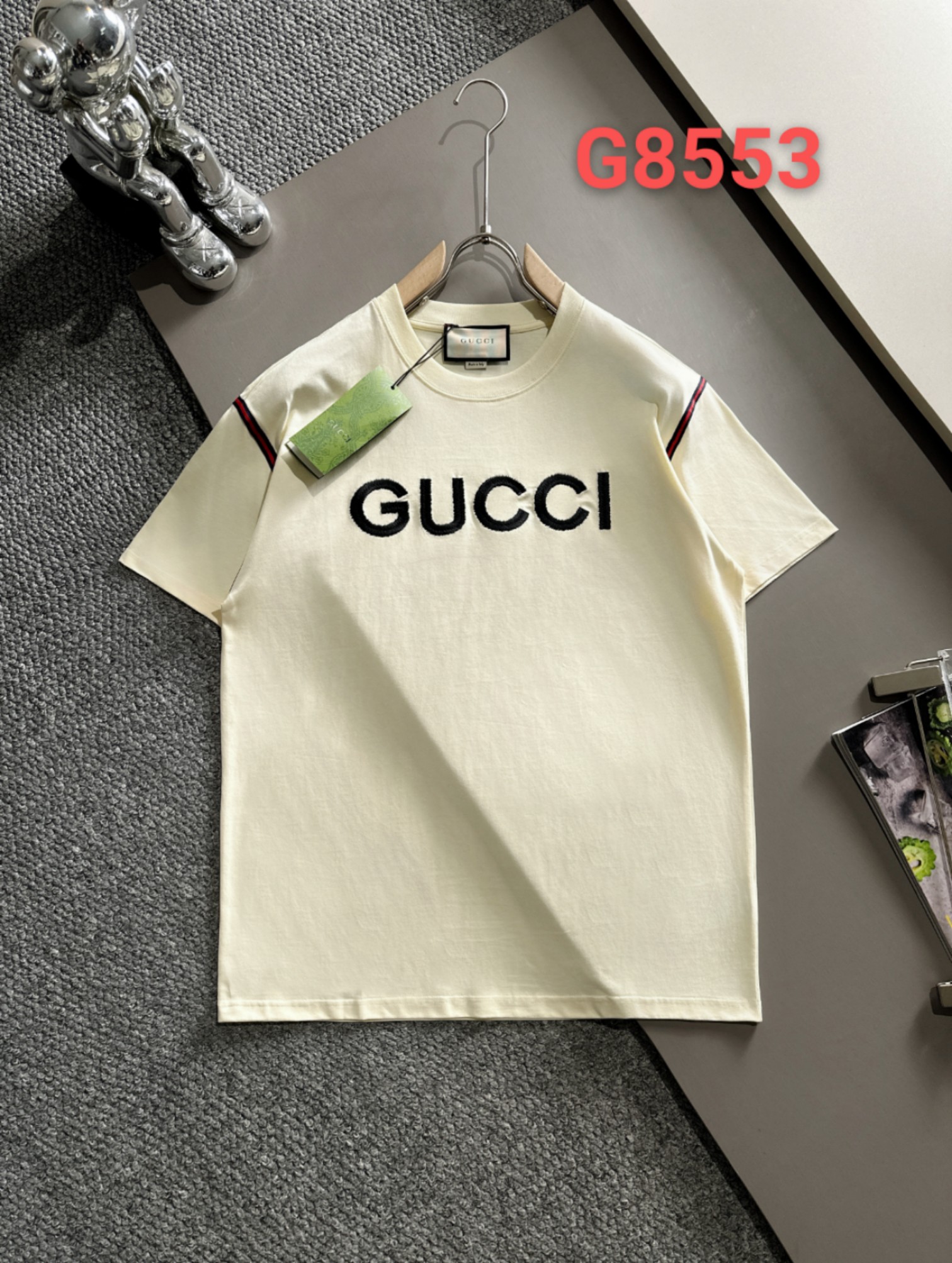Gu*Gucc*G 24ss nueva primavera/verano, camiseta de manga corta con cinta bordada de precisión de versión superior, estr…