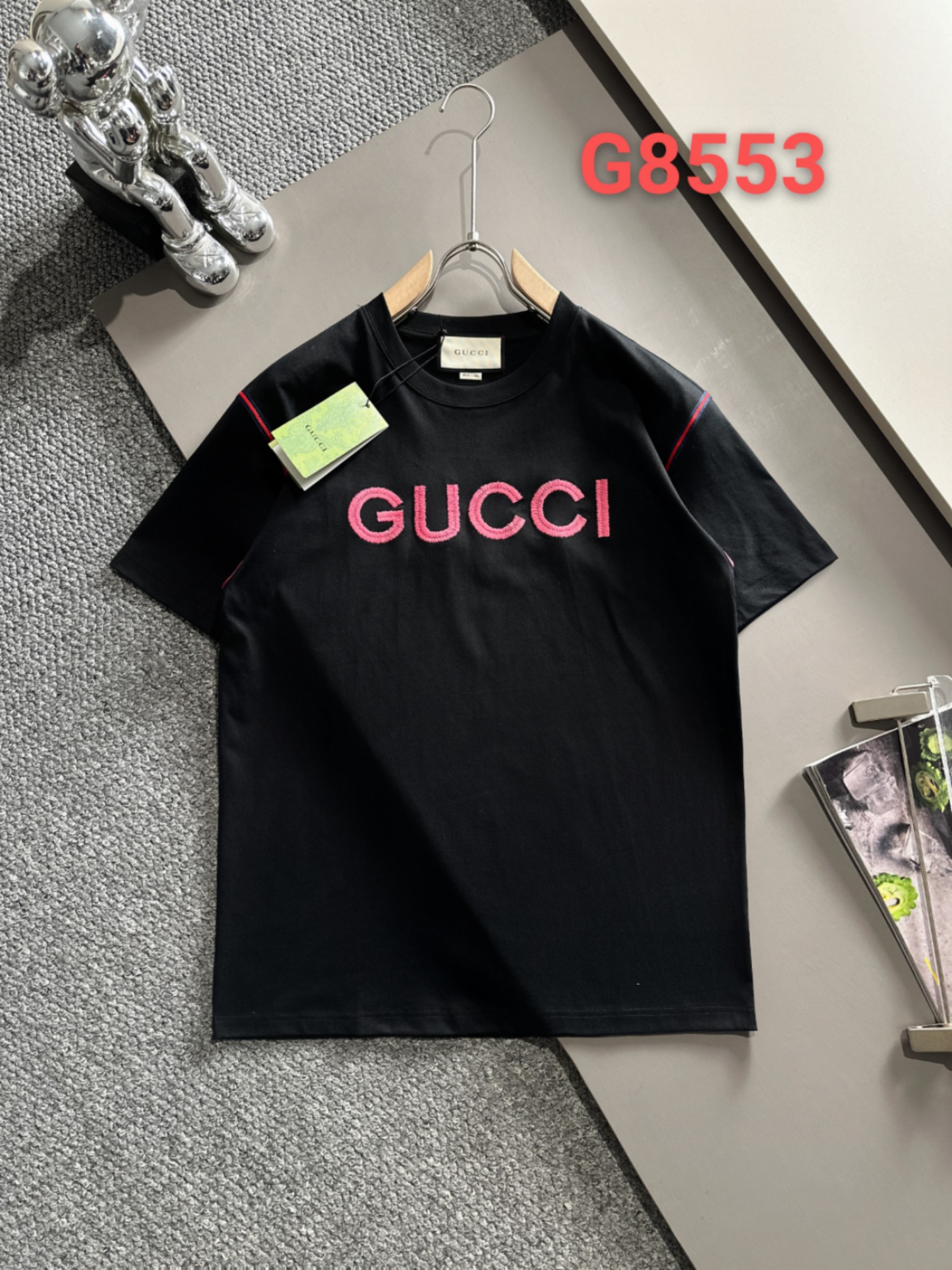 Gu*Gucc*G 24ss nueva primavera/verano, camiseta de manga corta con cinta bordada de precisión de versión superior, estr…