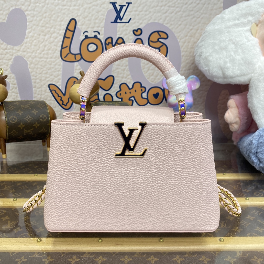 Louis Vuitton LV Capucines Sacos Bolsas Azul Claro Rosa Branco Taurillon Correntes M48865