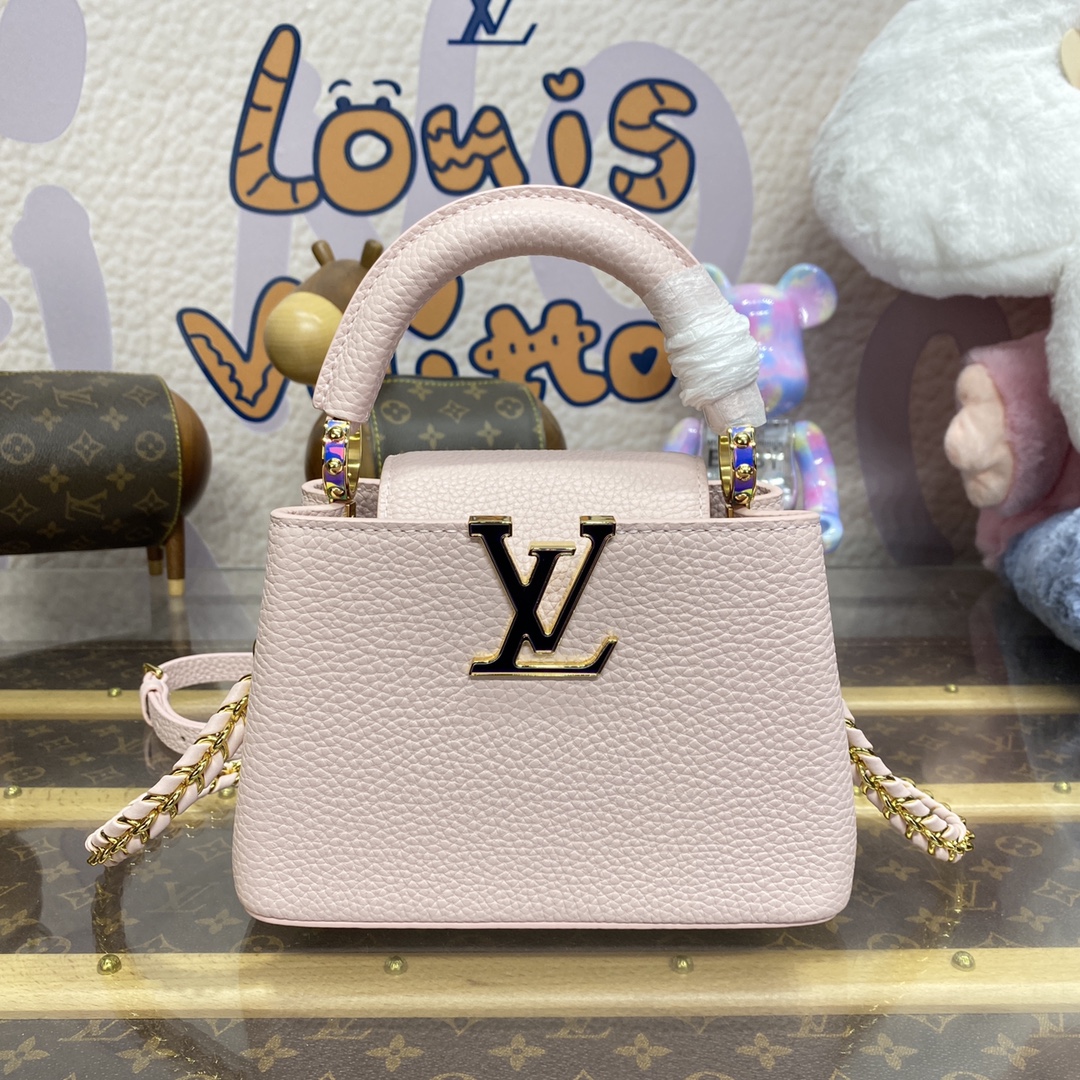 Compra de réplica
 Louis Vuitton LV Capucines Sacos Bolsas Azul Claro Rosa Branco Taurillon Correntes M48865