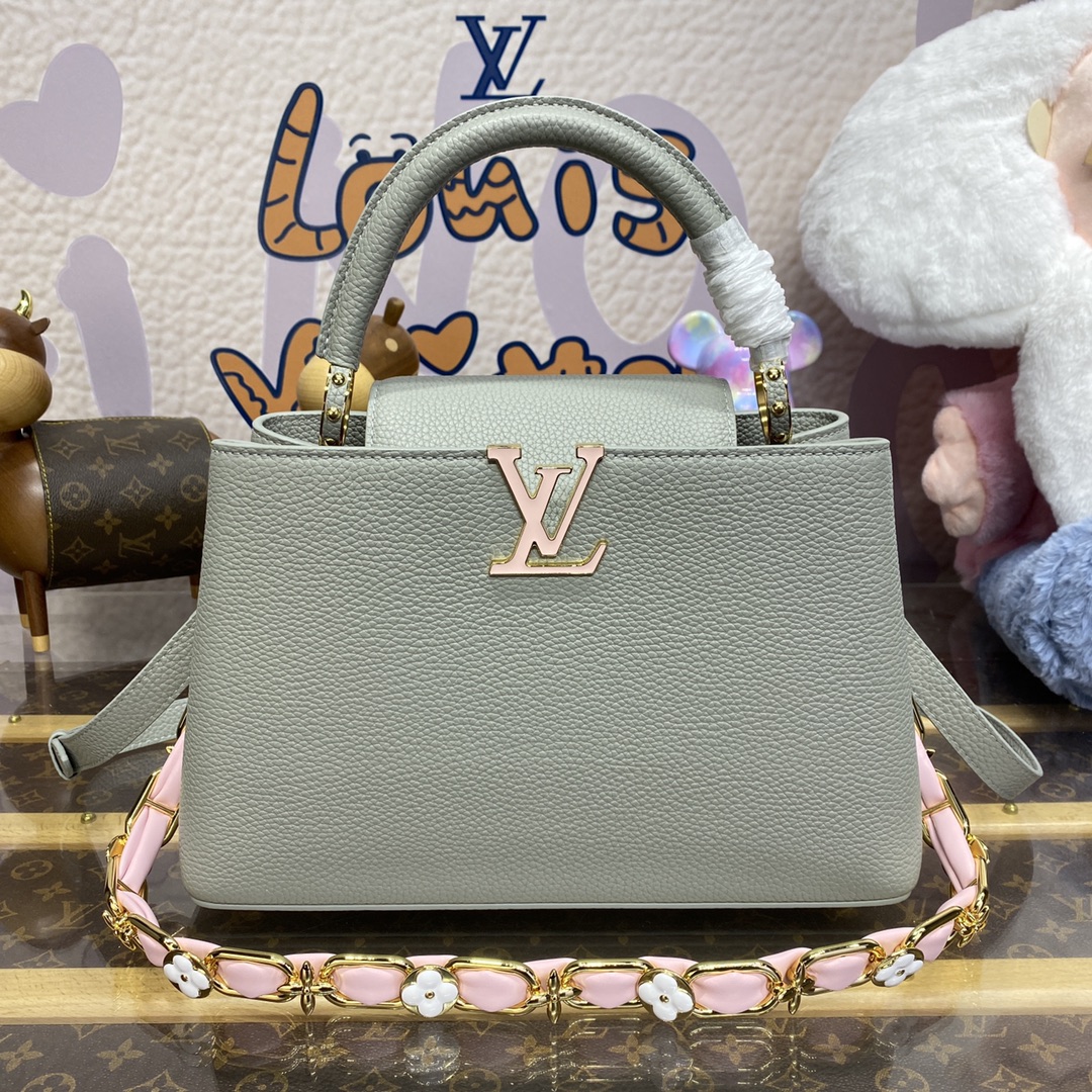 Louis Vuitton LV Capucines Sacos Bolsas Azul Escuro Cinzento Claro Rosa Branco Conjunto com Diamantes Taurillon Couro de vaca Tecer Correntes M23199