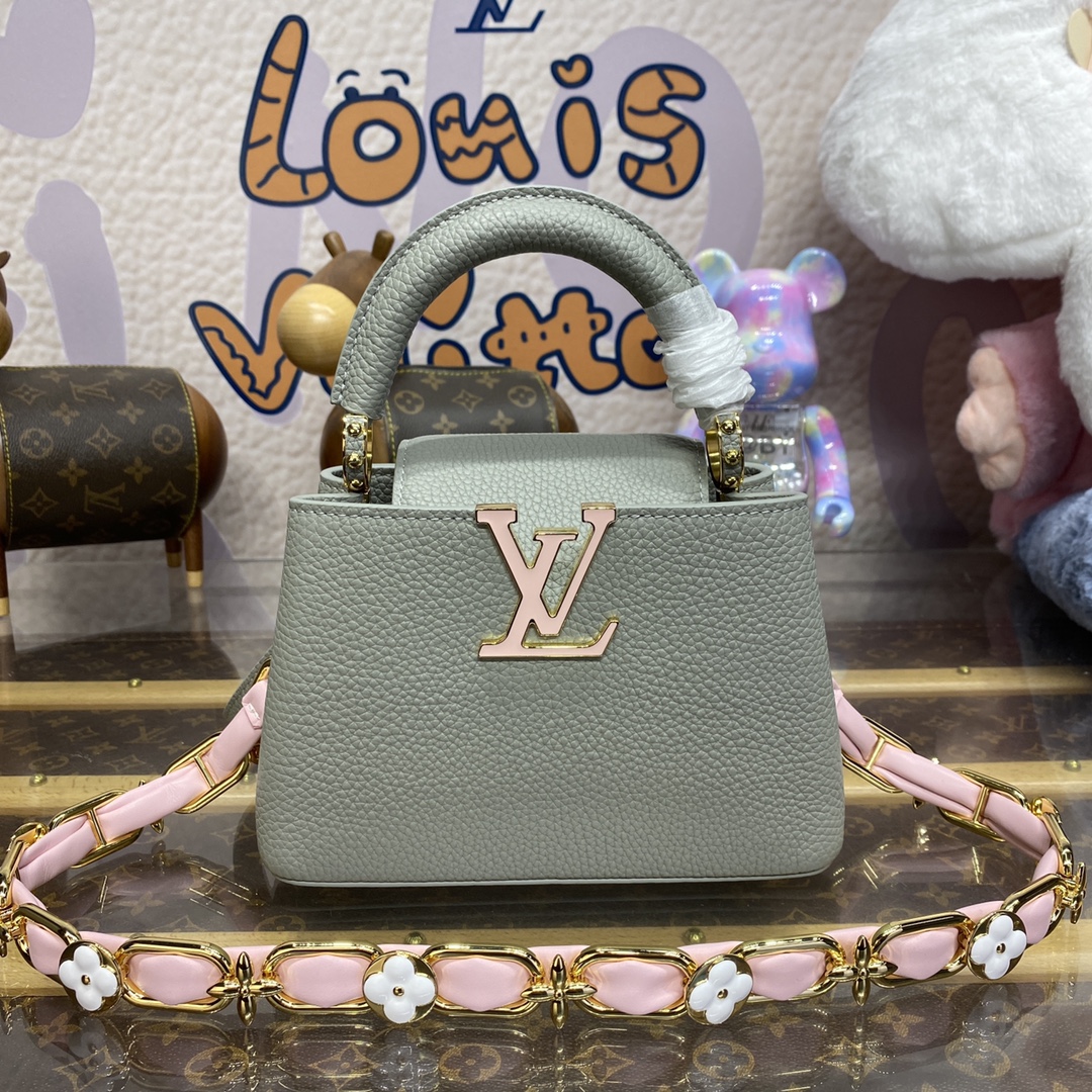 Louis Vuitton LV Capucines Sacos Bolsas Azul Escuro Cinzento Claro Rosa Branco Conjunto com Diamantes Taurillon Couro de vaca Tecer Correntes M23199