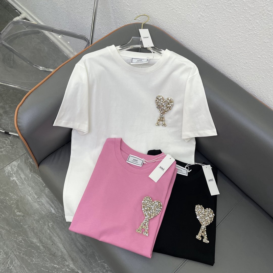 Ami2024早春新款时髦百搭精致手工爱心字母钻T恤！黑色 白色 粉色SmL