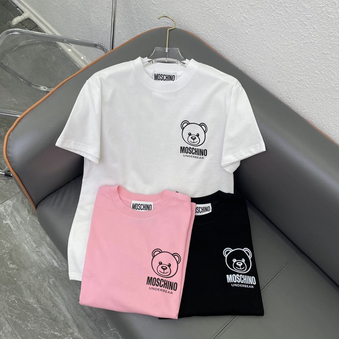 Moschino2024早春新款简约小熊头字母印花T恤！黑色 白色 粉色SmL