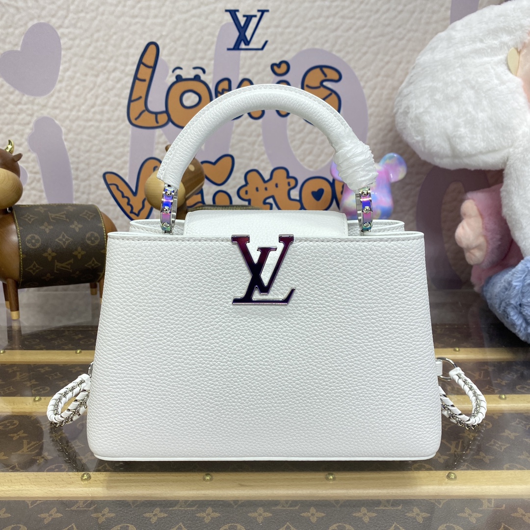 Louis Vuitton LV Capucines Sacos Bolsas Azul Claro Rosa Branco Taurillon Correntes M48865