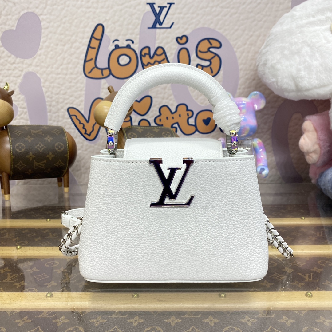 Louis Vuitton LV Capucines Sacos Bolsas Azul Claro Rosa Branco Taurillon Correntes M48865