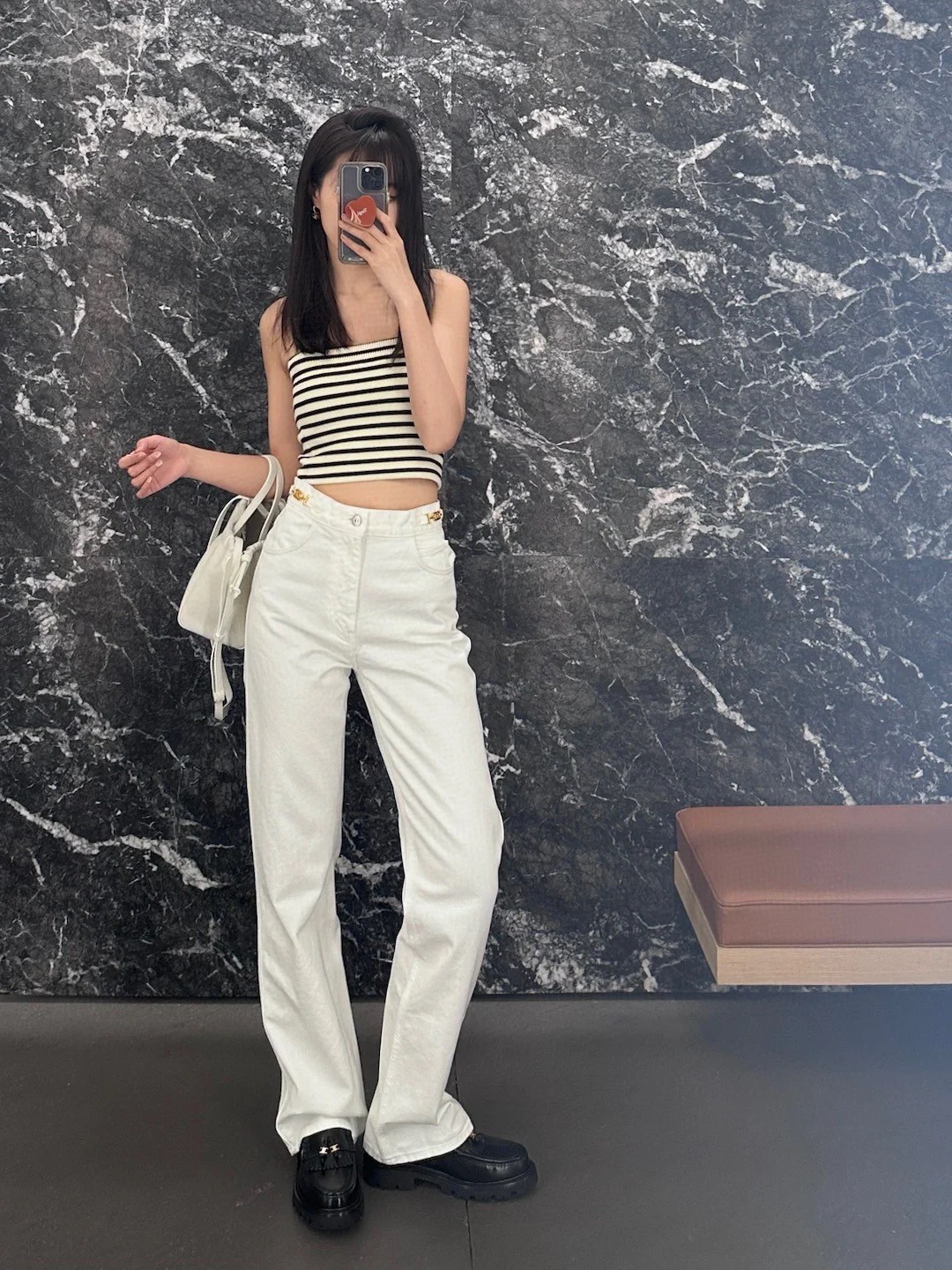 Celine White Straight Leg Jeans with Triomphe Logo - High Street Fashion 2 a1706251141645 8107