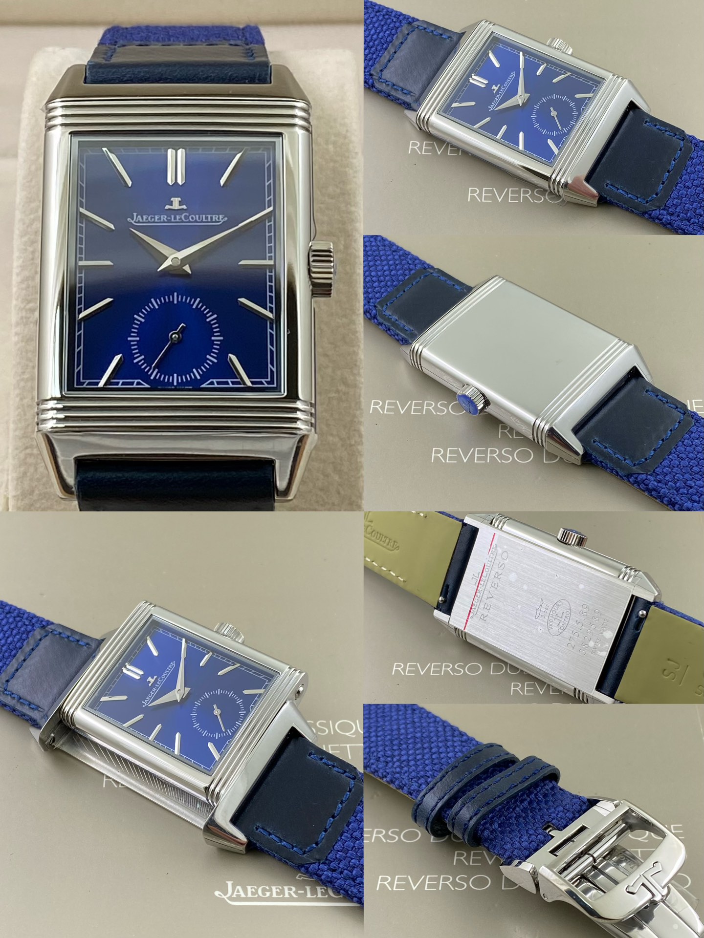 REVERSO TRIBUTE翻转系列小秒针腕表
手动上弦机械，动力储存45小时
尺寸：45.6 x 27.4 x 8.5
316精钢打造，蓝宝石玻璃
经典之作，时尚演绎，放射状纹饰，镶嵌时标
轨道式分钟刻度，太子妃指针，
醒目配色，鲜明而神秘的色彩，凸显不凡气质，
别致小牛皮帆布双材质表带，复古油蜡皮，鳄鱼皮，手工明针缝线，多种风格搭配可选。