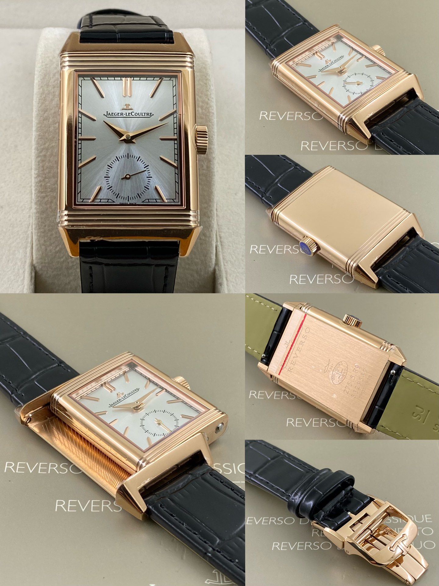 REVERSO TRIBUTE翻转系列小秒针腕表
手动上弦机械，动力储存45小时
尺寸：45.6 x 27.4 x 8.5
316精钢打造，蓝宝石玻璃
经典之作，时尚演绎，放射状纹饰，镶嵌时标
轨道式分钟刻度，太子妃指针，
醒目配色，鲜明而神秘的色彩，凸显不凡气质，
别致小牛皮帆布双材质表带，复古油蜡皮，鳄鱼皮，手工明针缝线，多种风格搭配可选。