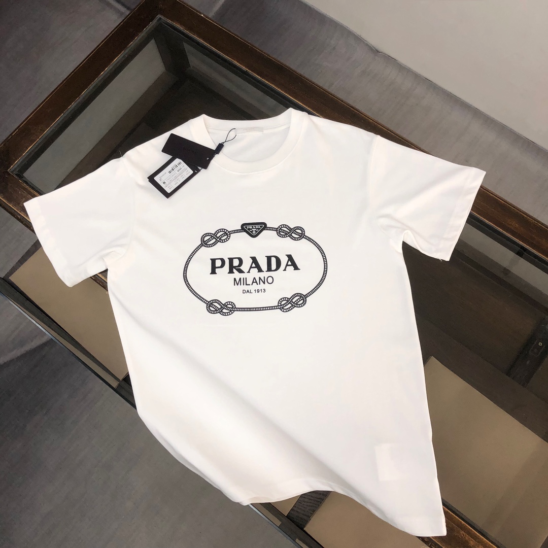 Prada Clothing T-Shirt Buy The Best Replica
 Black White Men Cotton Summer Collection Fashion Short Sleeve