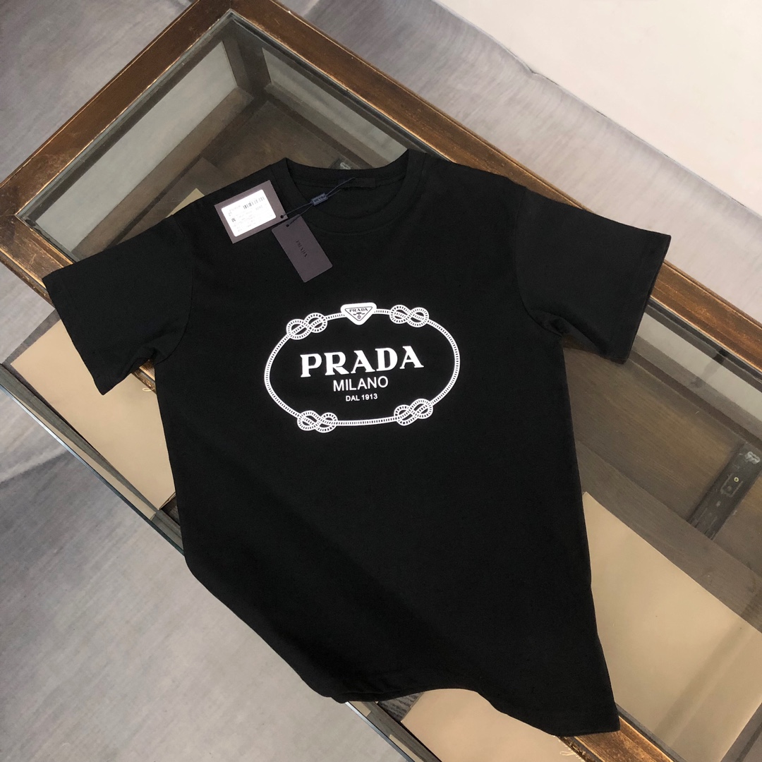 Prada Clothing T-Shirt Black White Men Cotton Summer Collection Fashion Short Sleeve