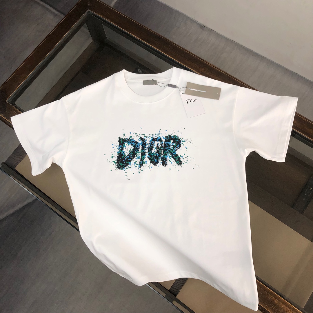 Dior Kleding T-Shirt Zwart Wit Afdrukken Unisex Katoen Fashion Korte mouw