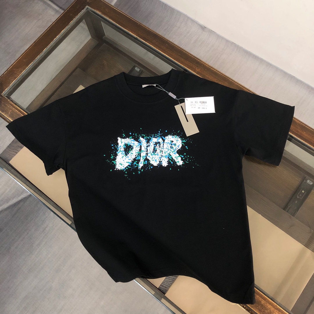 Dior Clothing T-Shirt Black White Printing Unisex Cotton Fashion Short Sleeve