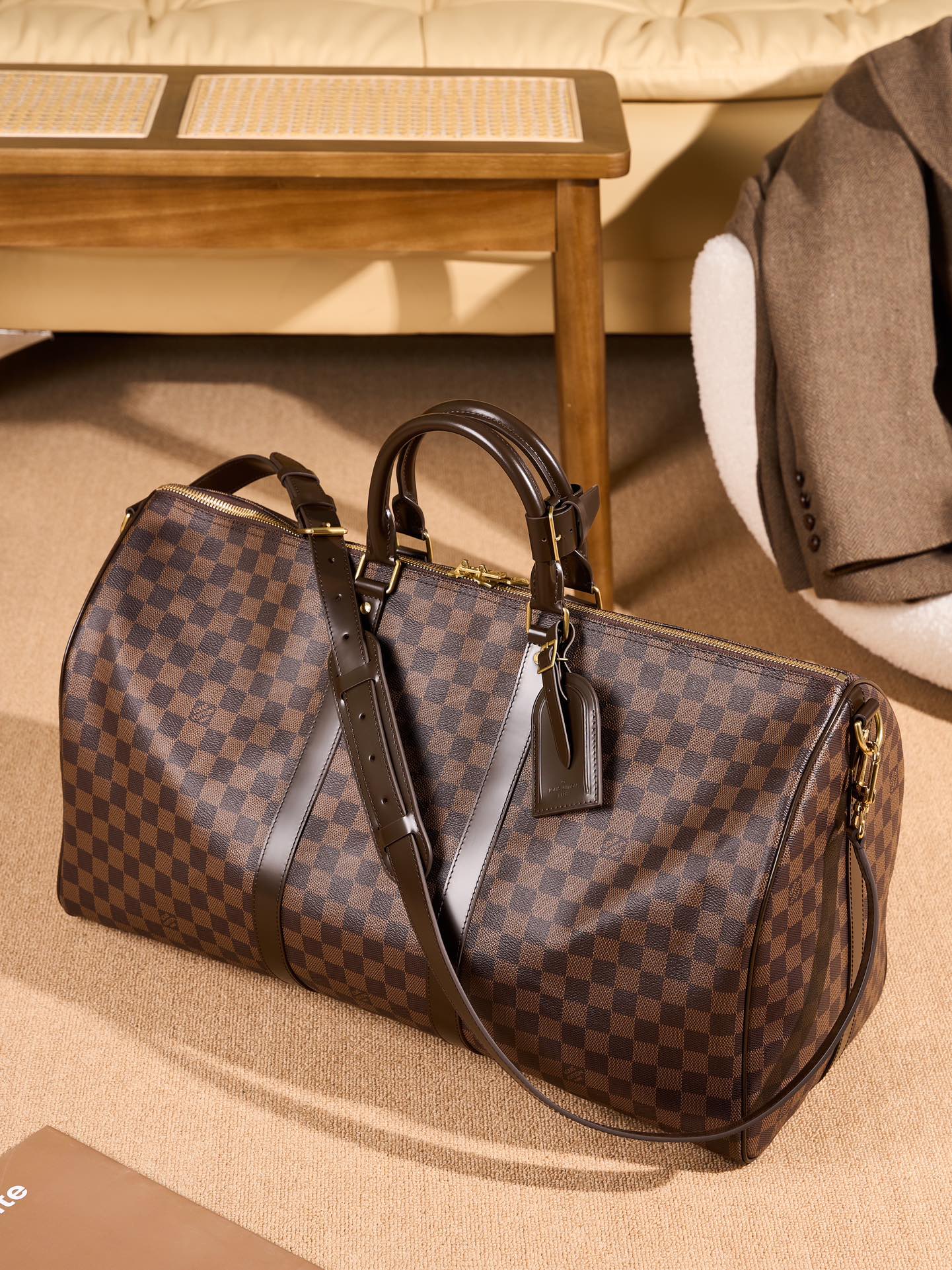 Louis Vuitton LV Keepall Winkel
 Tassen Reis Tas Luxe winkel
 Zwart raster Koffiekleur Grijs Wit Al staal Monogram Canvas Katoen Koeienhuid M45392