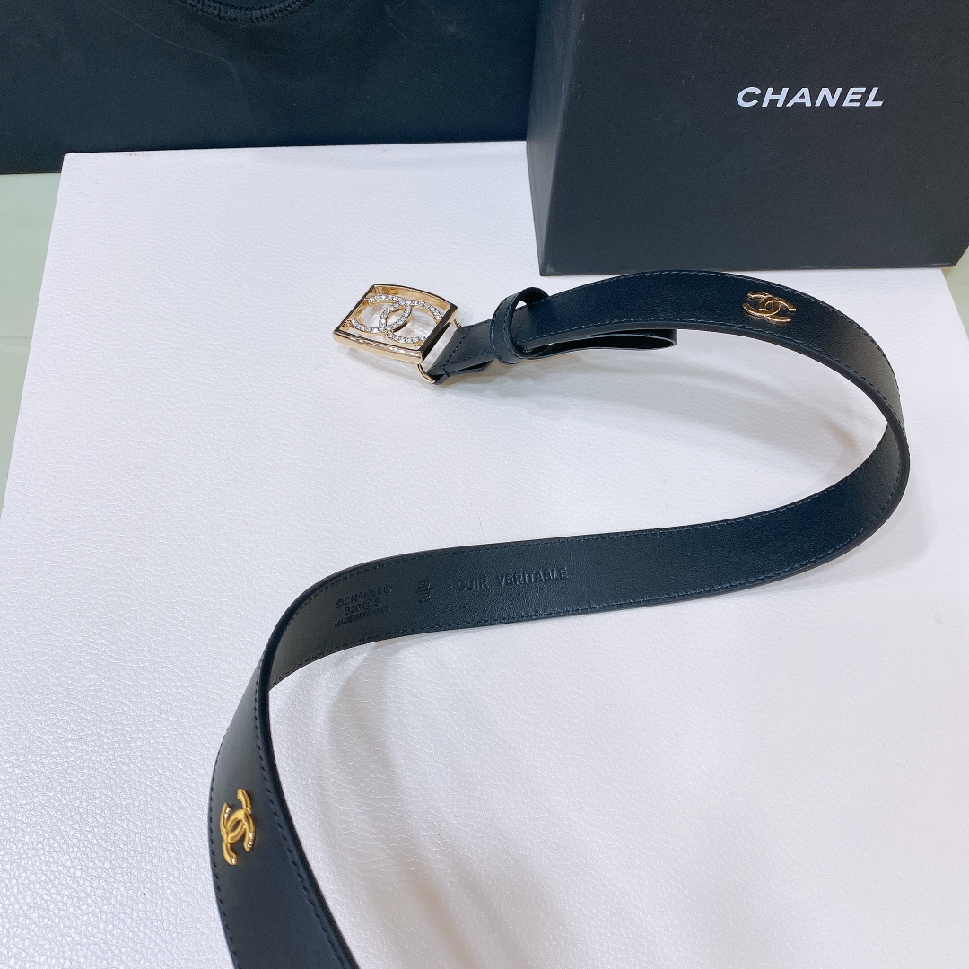 chanel24scc水钻logo字母搭扣黄铜金属小牛皮腰带手感柔软细腻3.0cm