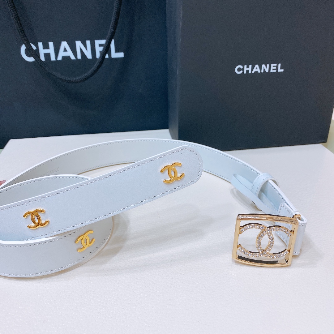 chanel24scc水钻logo字母搭扣黄铜金属小牛皮腰带手感柔软细腻3.0cm