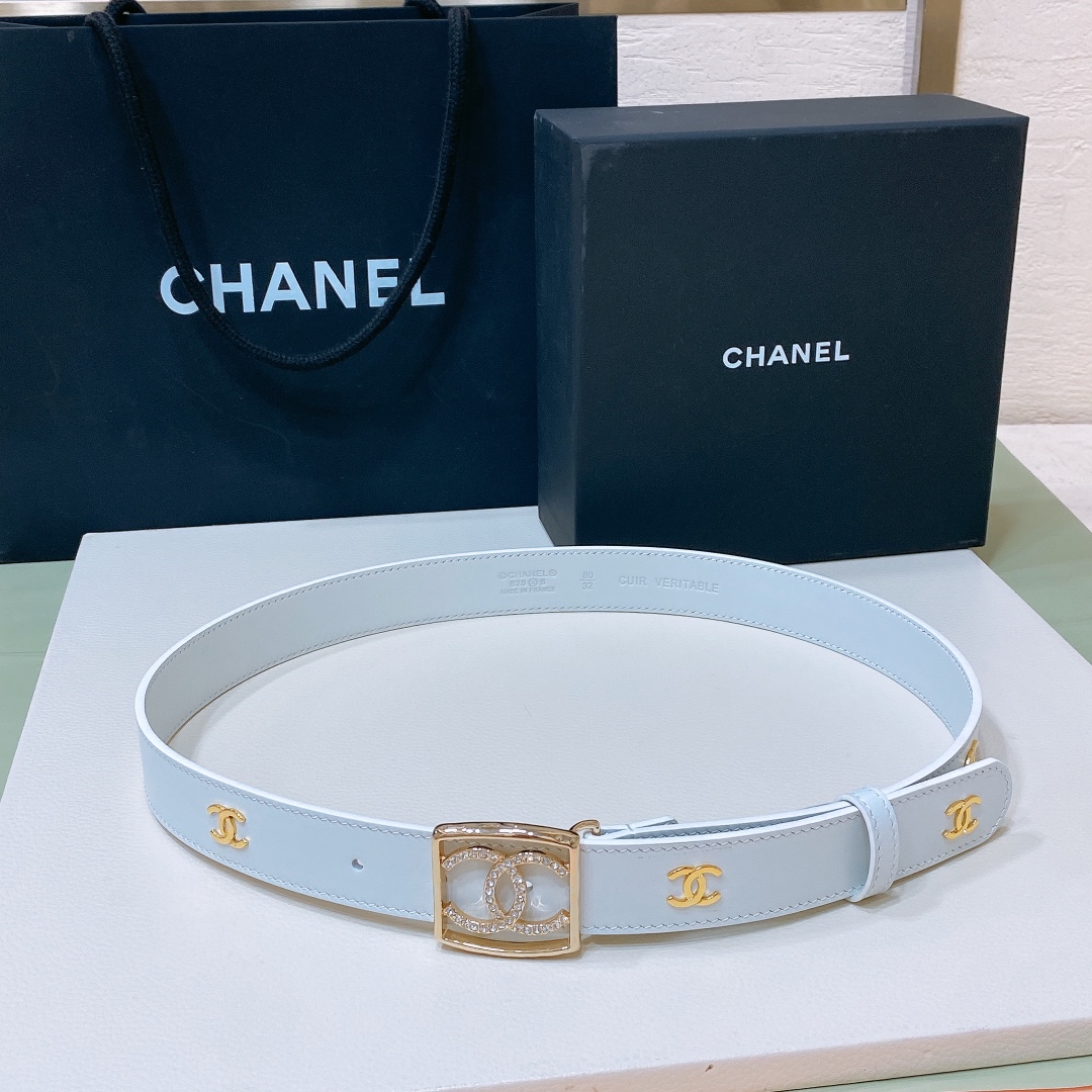 chanel24scc水钻logo字母搭扣黄铜金属小牛皮腰带手感柔软细腻3.0cm