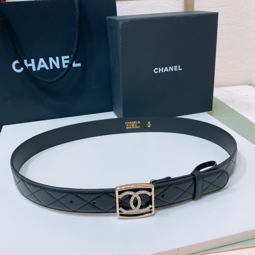 chanel24scc水钻logo字母搭扣黄铜金属小牛皮腰带手感柔软细腻3.0cm