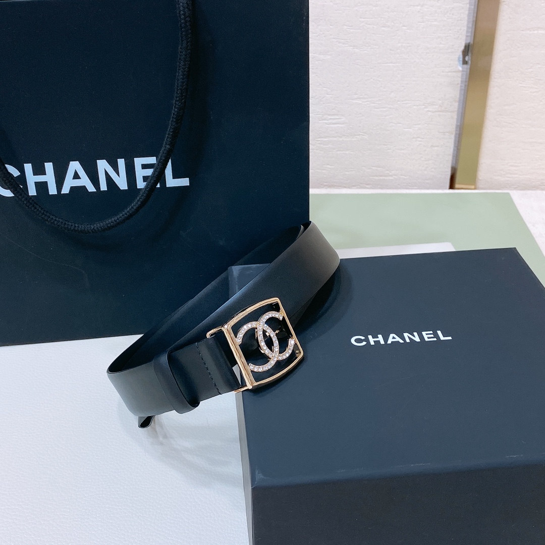 chanel24scc水钻logo字母搭扣黄铜金属小牛皮腰带手感柔软细腻3.0cm